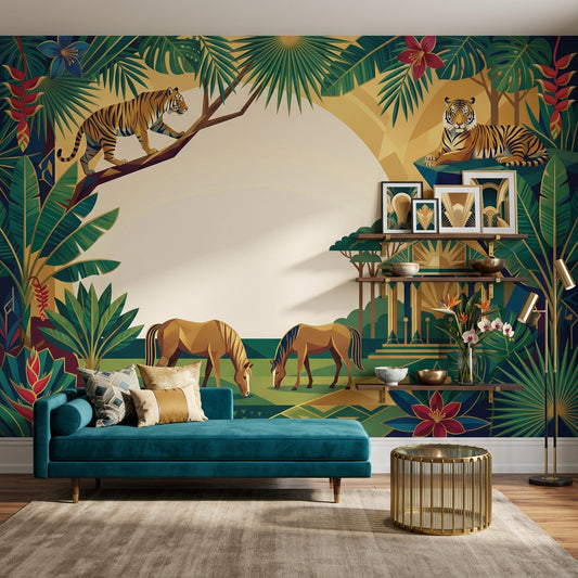 Tropical Jungle Wallpaper Art Deco Mural Tigers Removable Wall Decor
