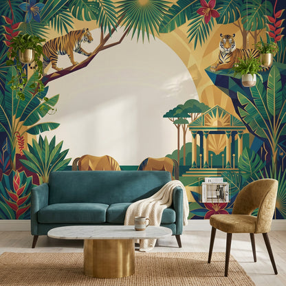 Tropical Jungle Wallpaper Art Deco Mural Tigers Removable Wall Decor