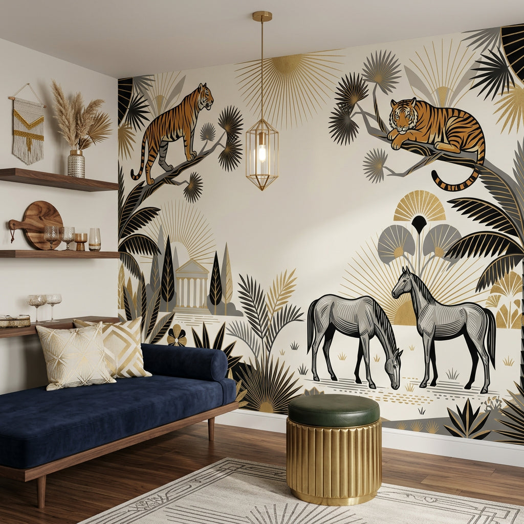 Art Deco Wallpaper Tigers Removable Tropical Palms Wall Decor