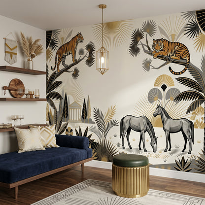 Art Deco Wallpaper Tigers Removable Tropical Palms Wall Decor