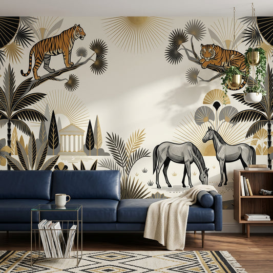 Art Deco Wallpaper Tigers Removable Tropical Palms Wall Decor