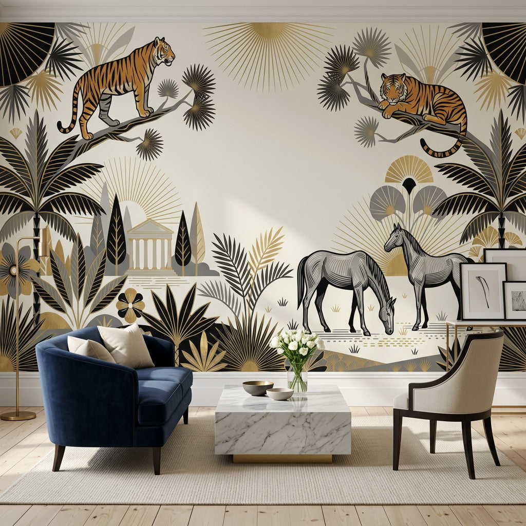 Art Deco Wallpaper Tigers Removable Tropical Palms Wall Decor