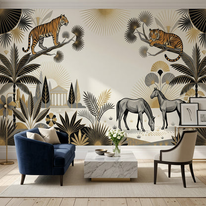 Art Deco Wallpaper Tigers Removable Tropical Palms Wall Decor