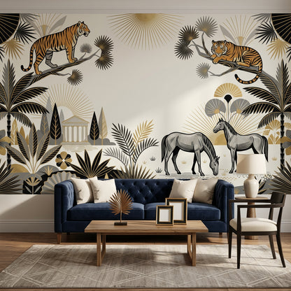 Art Deco Wallpaper Tigers Removable Tropical Palms Wall Decor