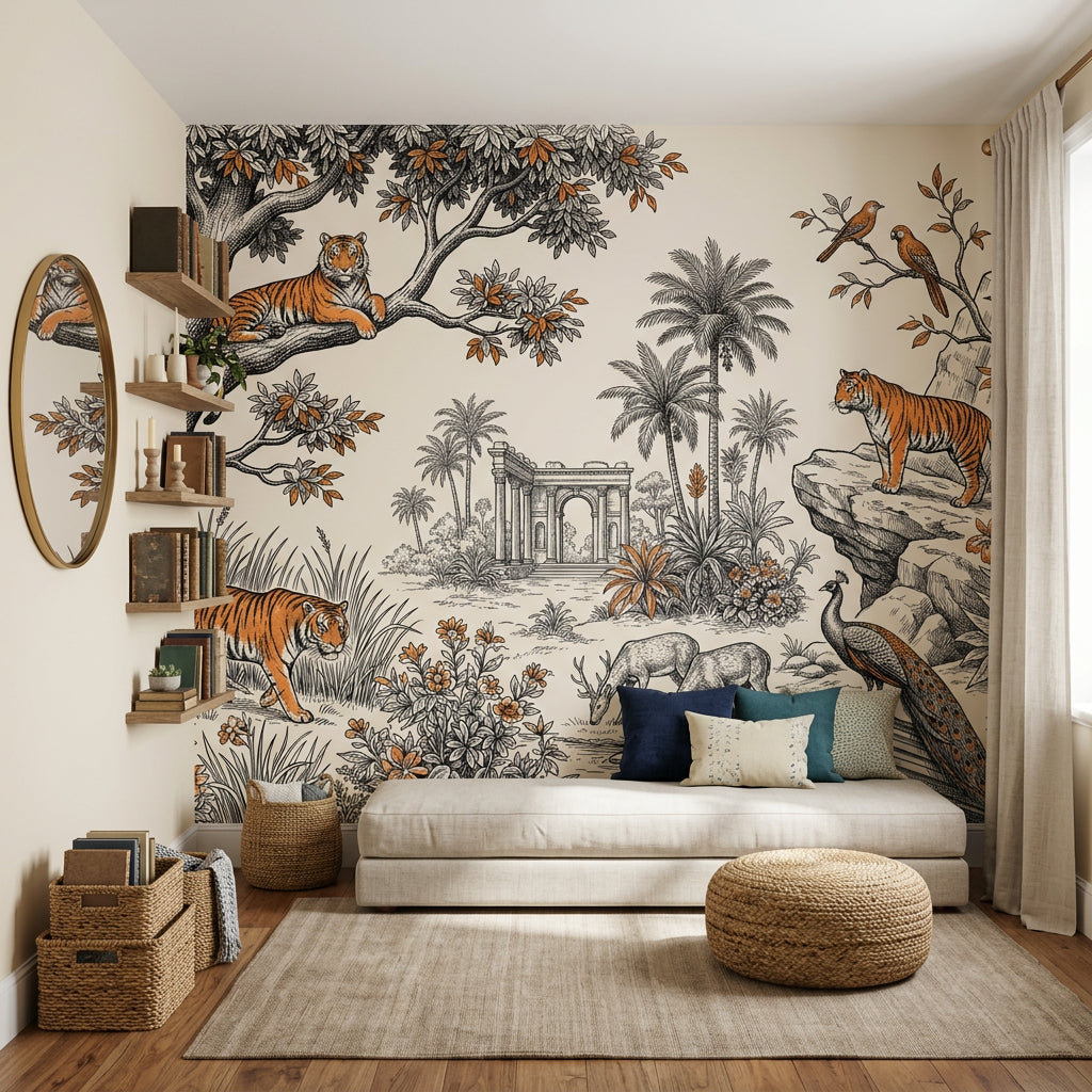 Toile Landscape Wallpaper Vintage Engraving Tigers Wall Mural
