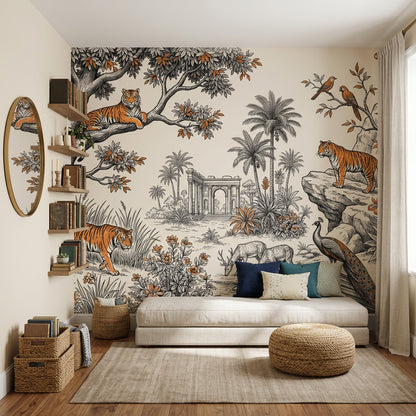 Toile Landscape Wallpaper Vintage Engraving Tigers Wall Mural