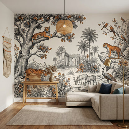 Toile Landscape Wallpaper Vintage Engraving Tigers Wall Mural
