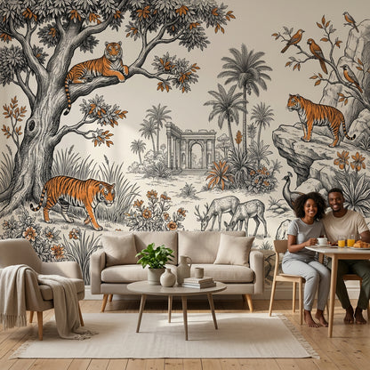 Toile Landscape Wallpaper Vintage Engraving Tigers Wall Mural
