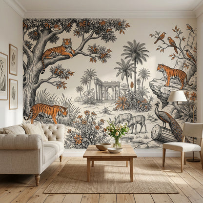 Toile Landscape Wallpaper Vintage Engraving Tigers Wall Mural