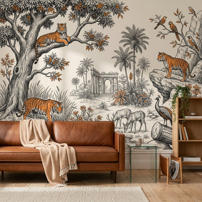 Toile Landscape Wallpaper Vintage Engraving Tigers Wall Mural