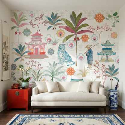 White Background Wallpaper Chinoiserie Removable Tropical Wall Decor