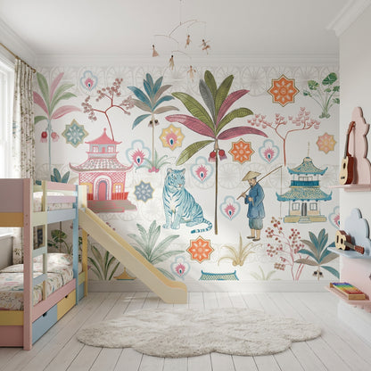 White Background Wallpaper Chinoiserie Removable Tropical Wall Decor