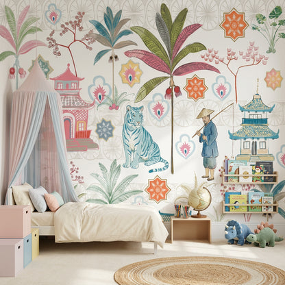 White Background Wallpaper Chinoiserie Removable Tropical Wall Decor
