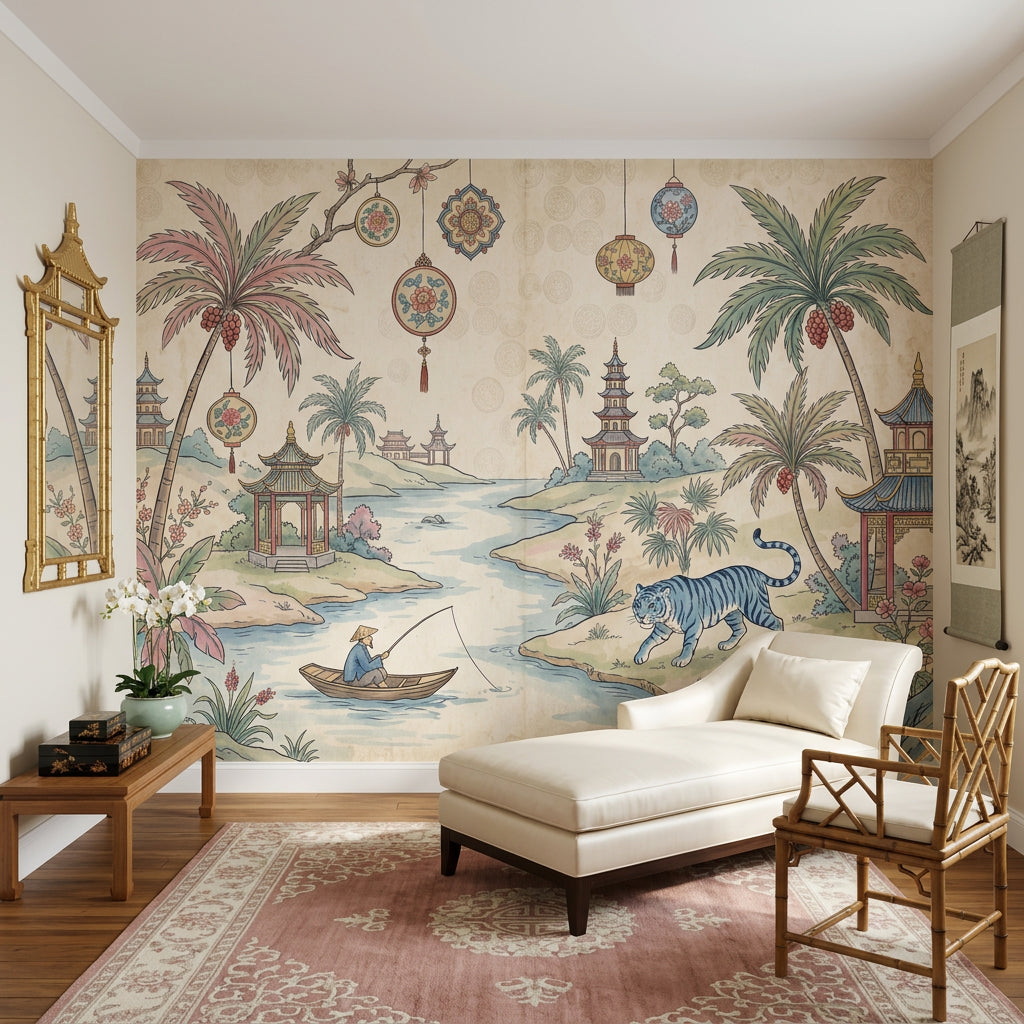 Asian Landscape Wallpaper Pagoda River Scene Wall Mural
