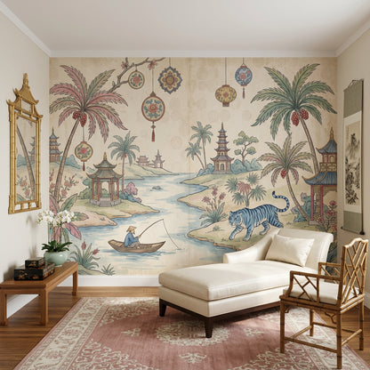 Asian Landscape Wallpaper Pagoda River Scene Wall Mural