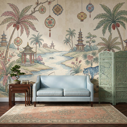 Asian Landscape Wallpaper Pagoda River Scene Wall Mural