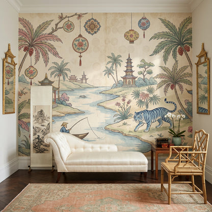 Asian Landscape Wallpaper Pagoda River Scene Wall Mural