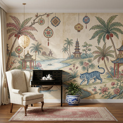 Asian Landscape Wallpaper Pagoda River Scene Wall Mural