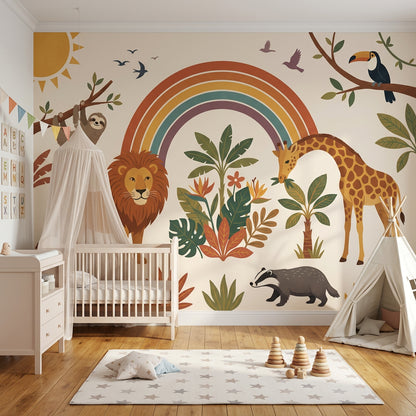 Safari Animals Wallpaper Rainbow Removable Tropical Foliage Wall Decor