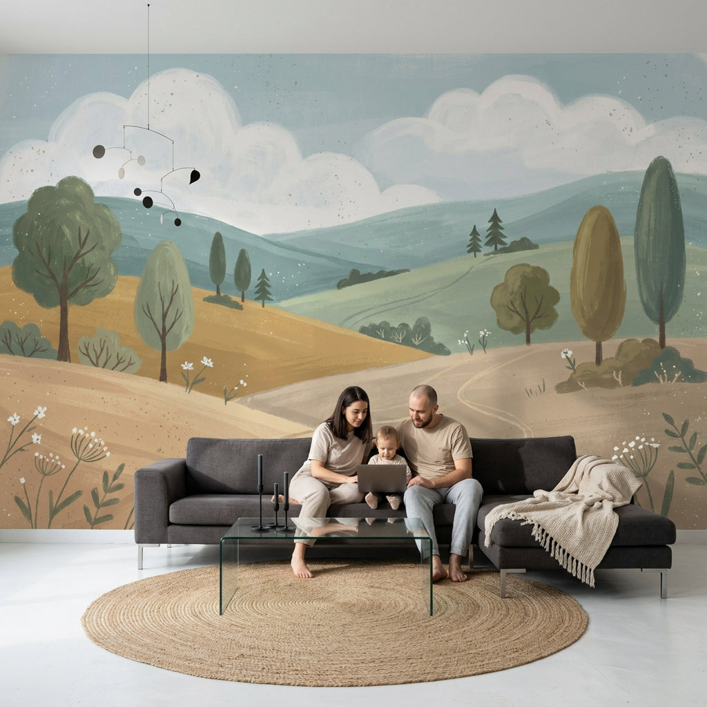 Pastoral Landscape Wallpaper Rolling Hills Removable Winding Path Wall Decor