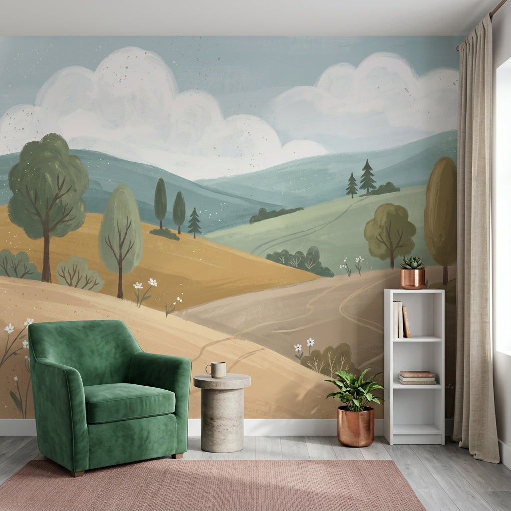 Pastoral Landscape Wallpaper Rolling Hills Removable Winding Path Wall Decor