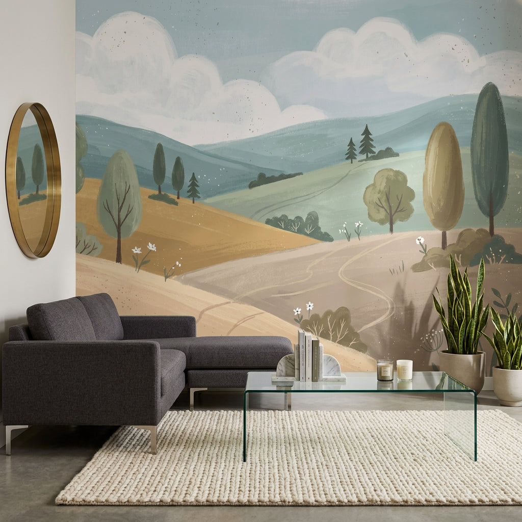 Pastoral Landscape Wallpaper Rolling Hills Removable Winding Path Wall Decor