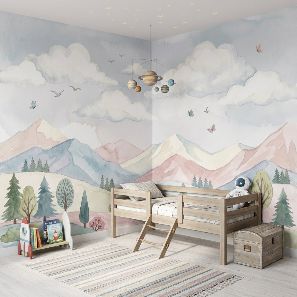 Pastel Watercolor Wallpaper Mountain Landscape Rolling Hills Wall Mural