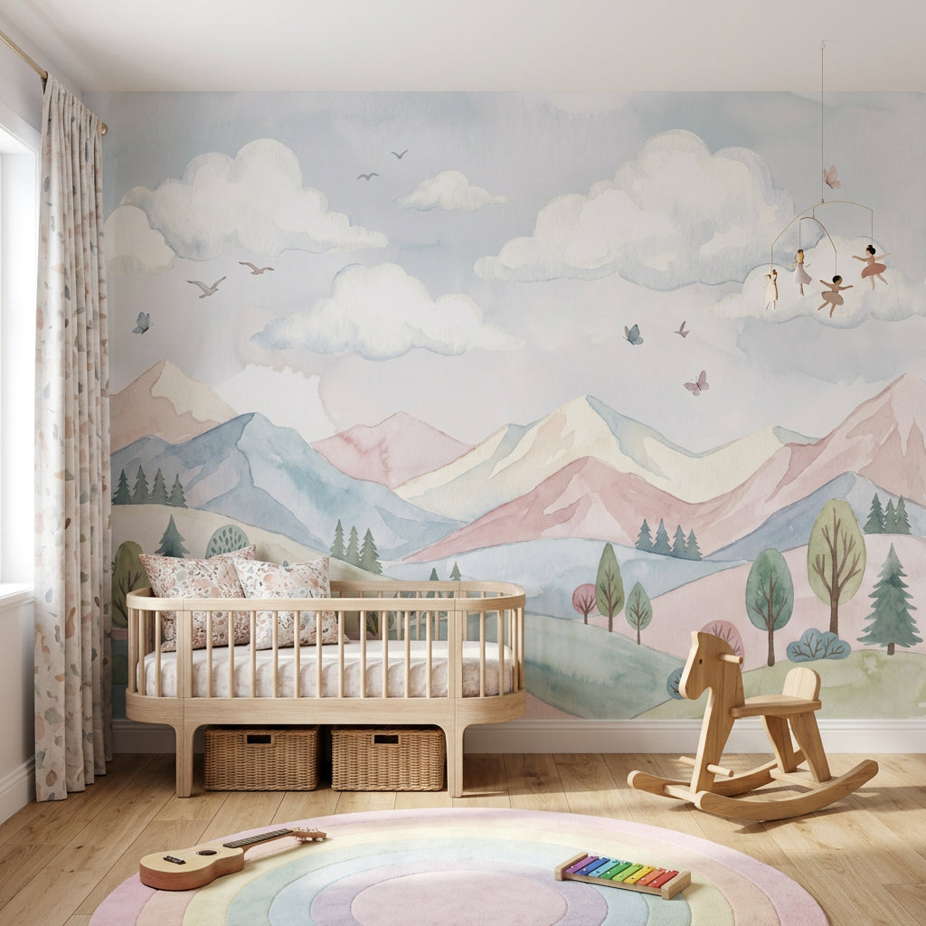 Pastel Watercolor Wallpaper Mountain Landscape Rolling Hills Wall Mural