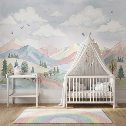 Pastel Watercolor Wallpaper Mountain Landscape Rolling Hills Wall Mural