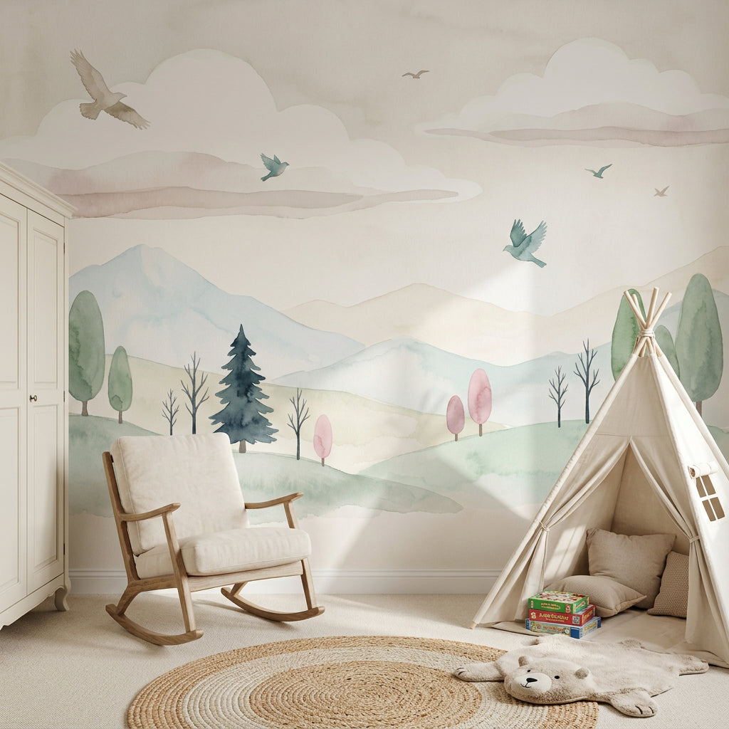 White Background Wallpaper Minimal Landscape Removable Watercolor Wall Decor