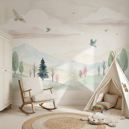 White Background Wallpaper Minimal Landscape Removable Watercolor Wall Decor