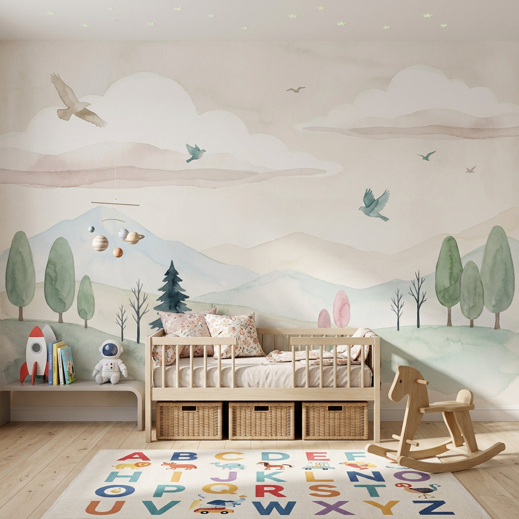 White Background Wallpaper Minimal Landscape Removable Watercolor Wall Decor