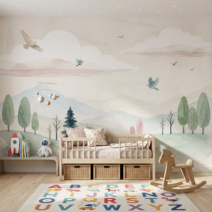 White Background Wallpaper Minimal Landscape Removable Watercolor Wall Decor