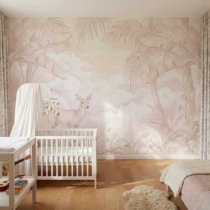 Pastel Tropical Landscape Wallpaper Deer Fawn Palm Trees Wall Mural