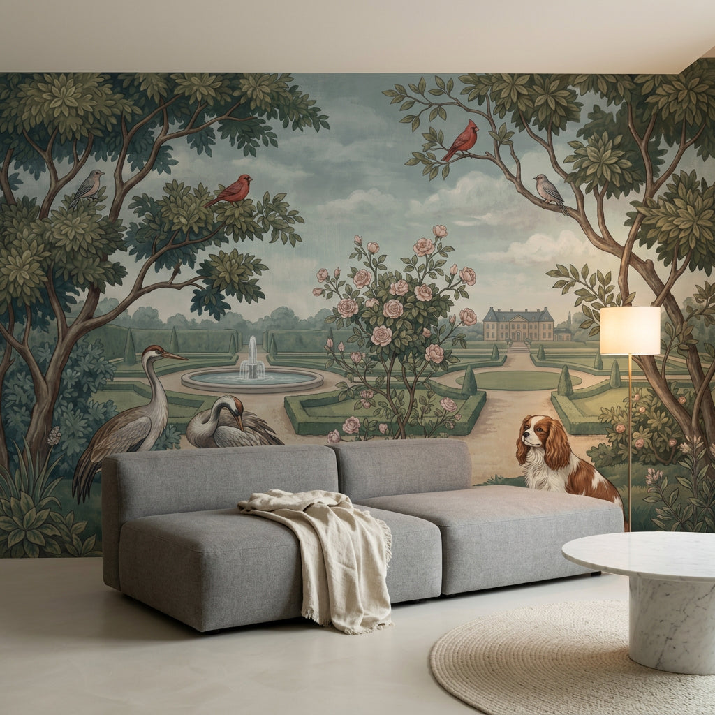Formal Garden Wallpaper Chateau Estate Vintage Illustration Wall Mural