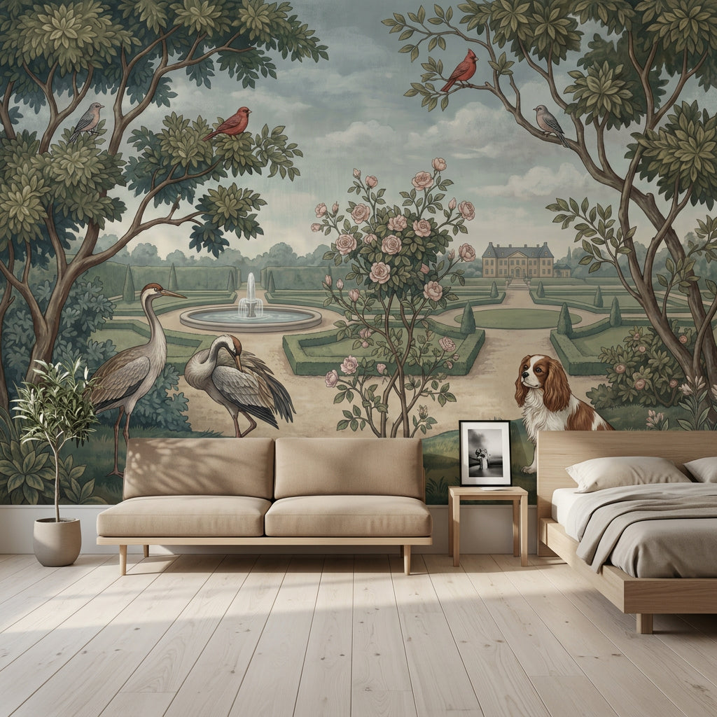 Formal Garden Wallpaper Chateau Estate Vintage Illustration Wall Mural