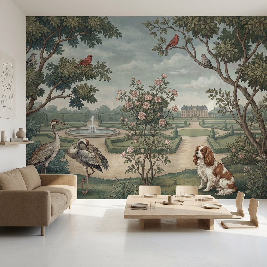 Formal Garden Wallpaper Chateau Estate Vintage Illustration Wall Mural