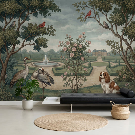 Formal Garden Wallpaper Chateau Estate Vintage Illustration Wall Mural