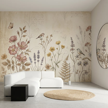 Vintage Botanical Wallpaper Wildflower Meadow Parchment Background Wall Mural