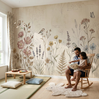 Vintage Botanical Wallpaper Wildflower Meadow Parchment Background Wall Mural