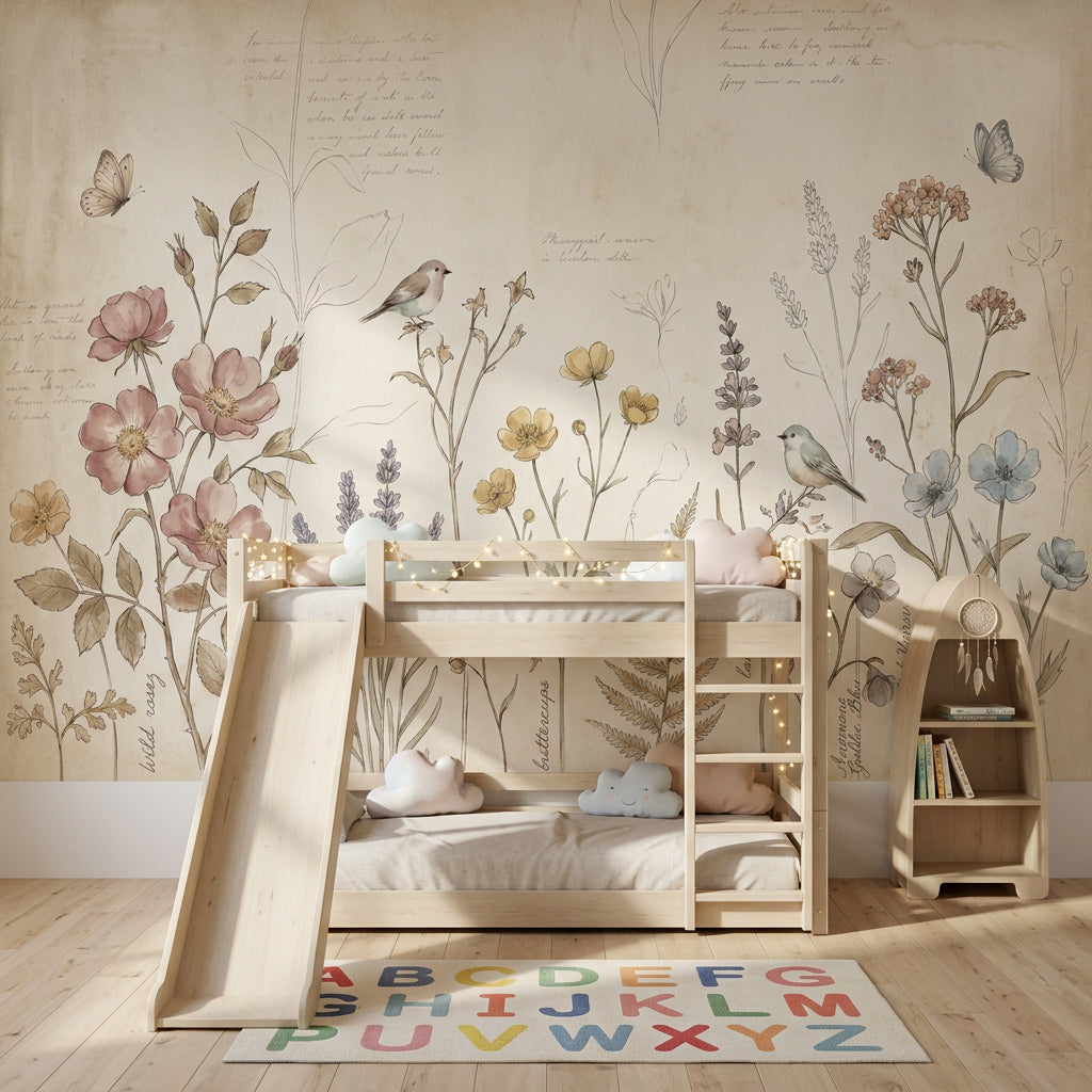 Vintage Botanical Wallpaper Wildflower Meadow Parchment Background Wall Mural