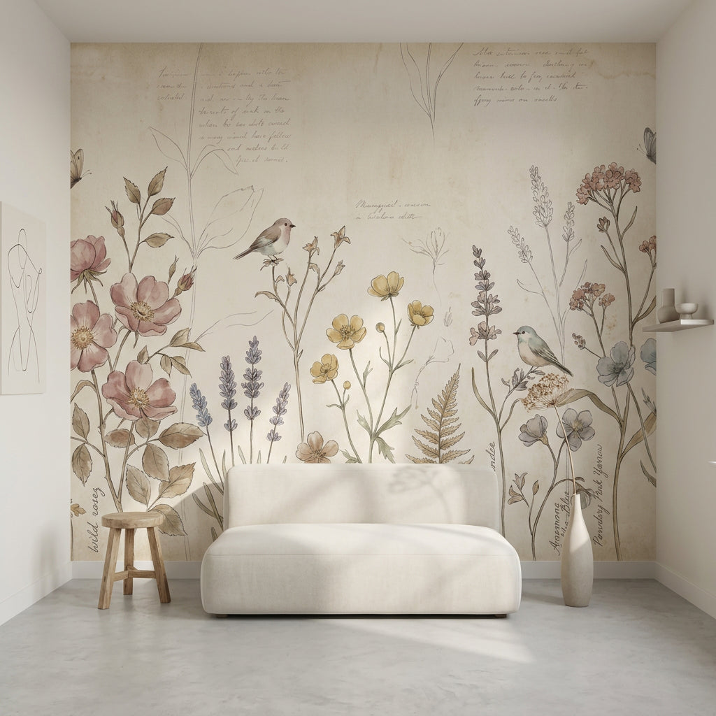 Vintage Botanical Wallpaper Wildflower Meadow Parchment Background Wall Mural