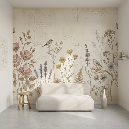 Vintage Botanical Wallpaper Wildflower Meadow Parchment Background Wall Mural