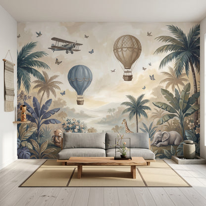 Nursery Mural Wallpaper Tropical Landscape Hot Air Balloons Wall Mural