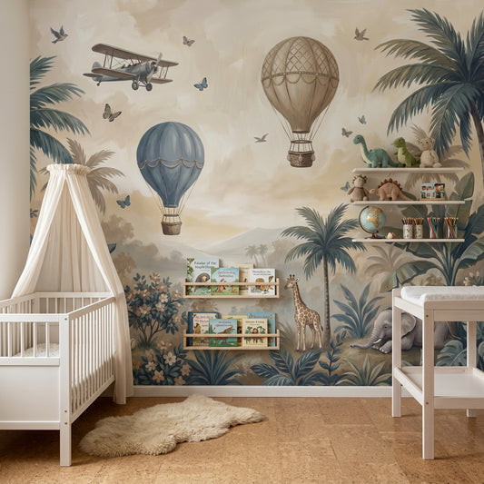 Nursery Mural Wallpaper Tropical Landscape Hot Air Balloons Wall Mural