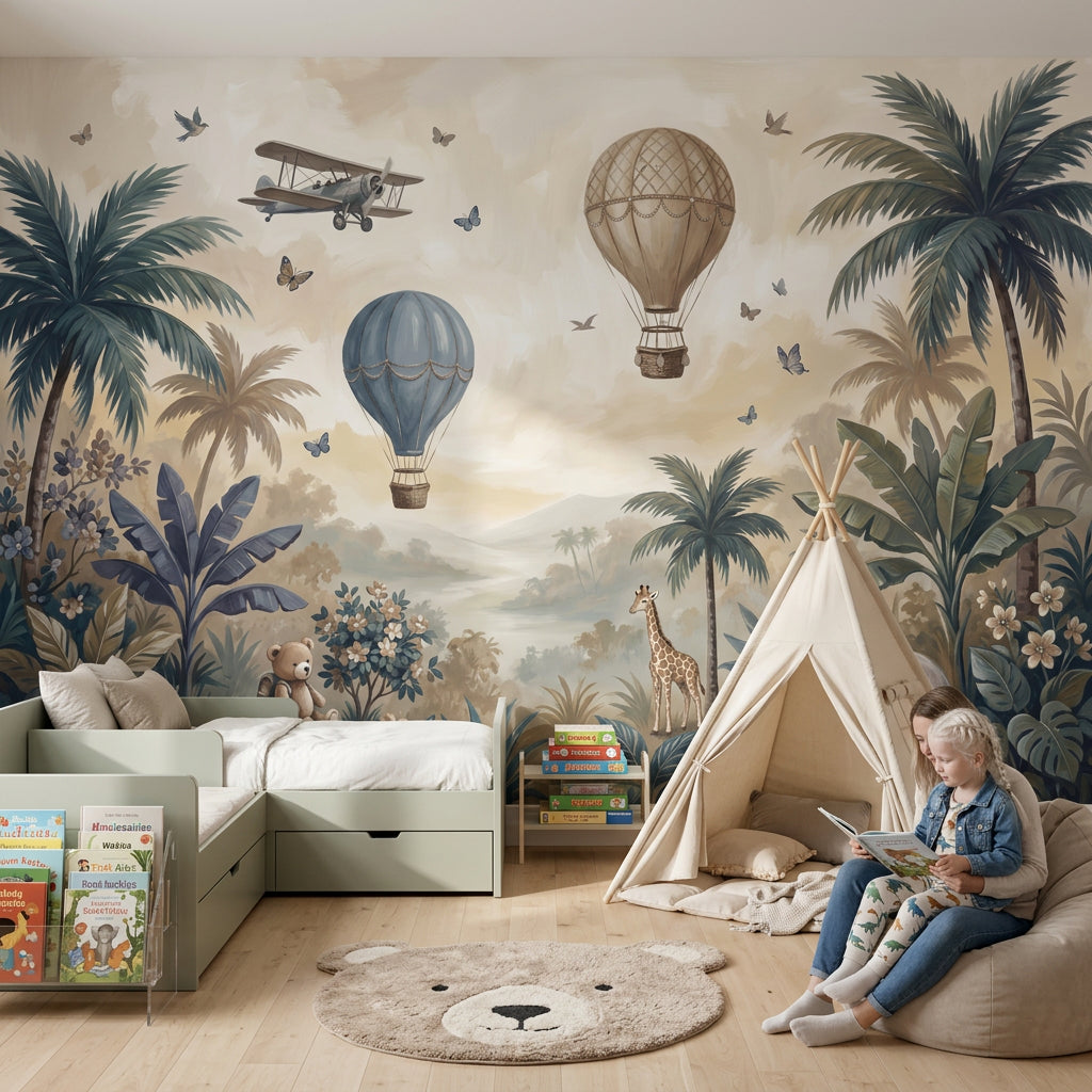 Nursery Mural Wallpaper Tropical Landscape Hot Air Balloons Wall Mural