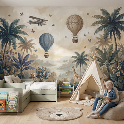Nursery Mural Wallpaper Tropical Landscape Hot Air Balloons Wall Mural
