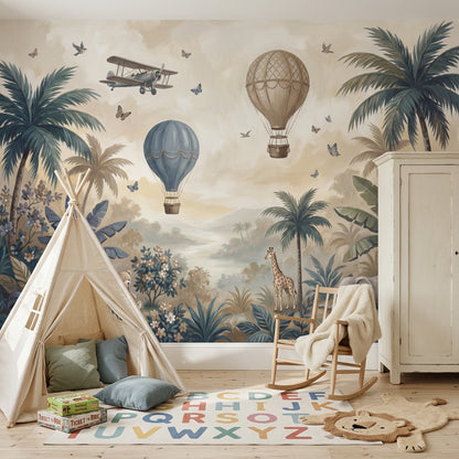 Nursery Mural Wallpaper Tropical Landscape Hot Air Balloons Wall Mural