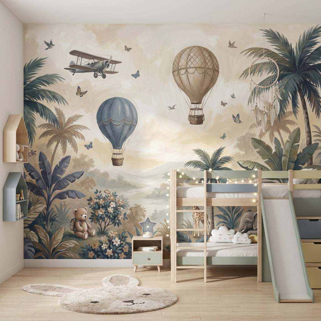 Nursery Mural Wallpaper Tropical Landscape Hot Air Balloons Wall Mural