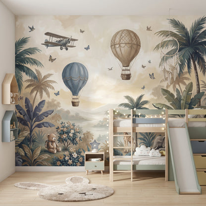 Nursery Mural Wallpaper Tropical Landscape Hot Air Balloons Wall Mural